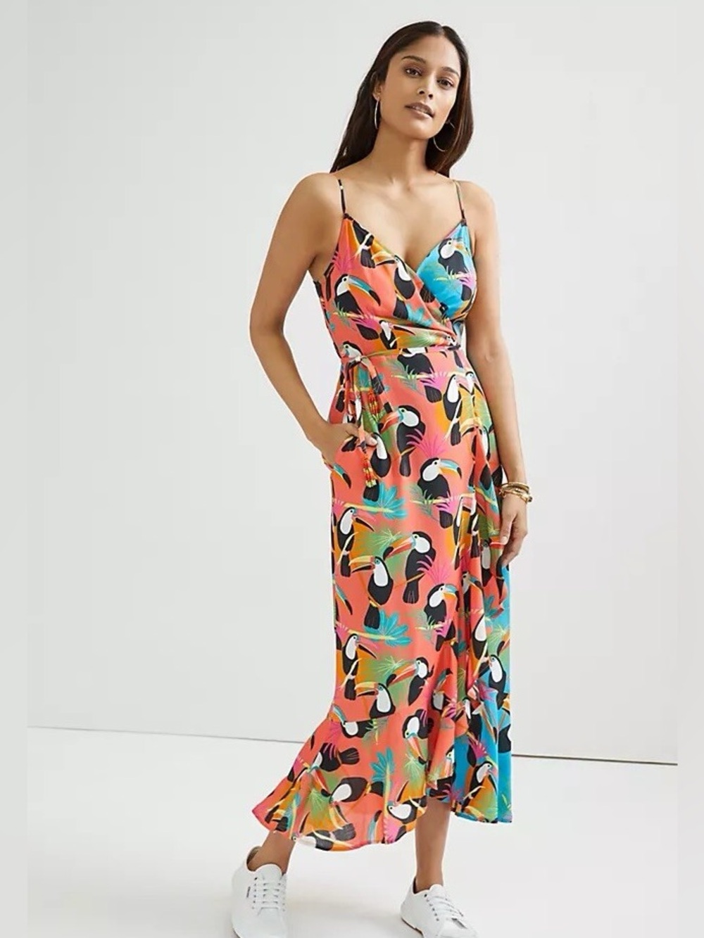 FarmRio Coral Multi Toucan Wrap Maxi Dress large